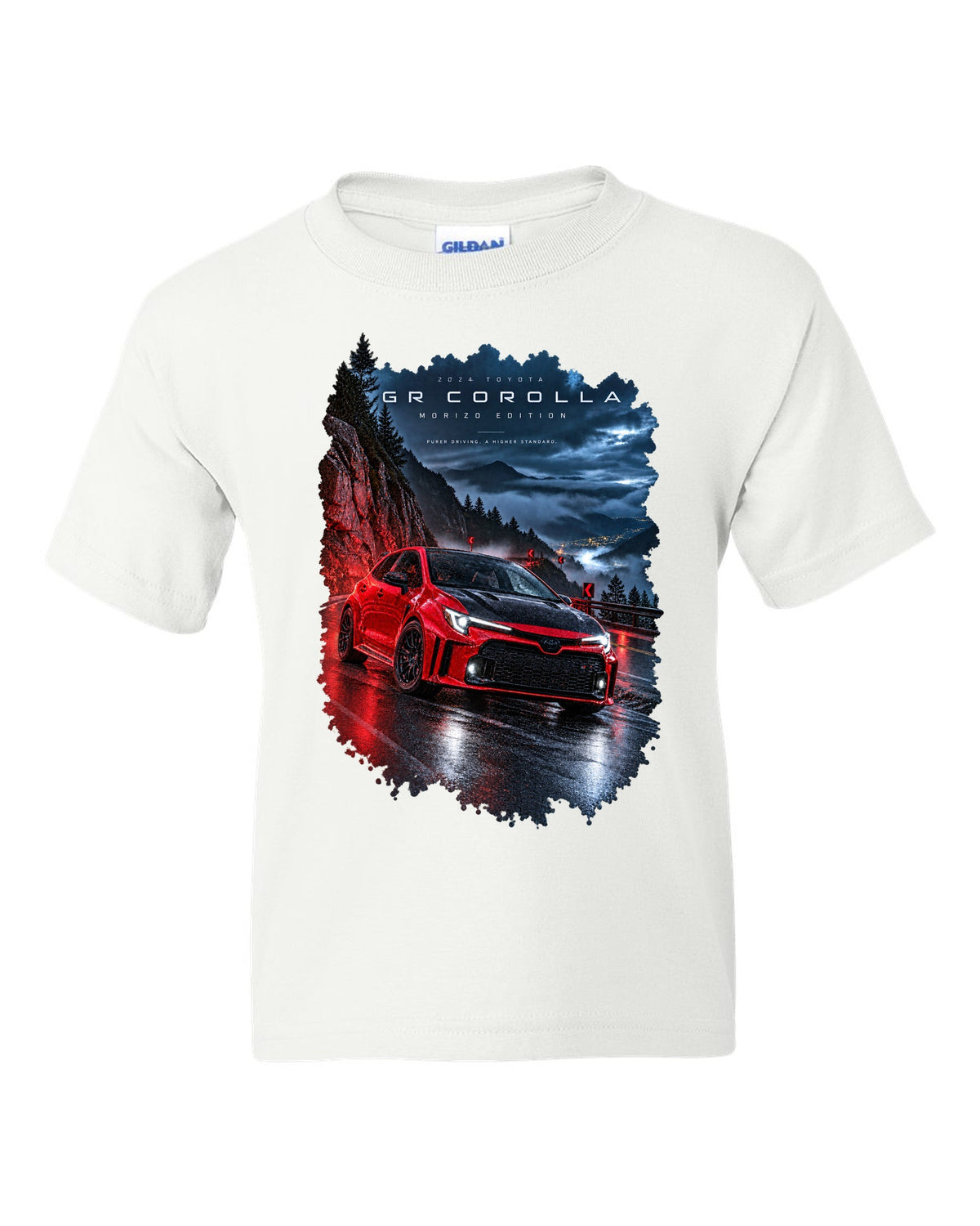 Toyota GR Corolla Morizo Edition on a wet mountain road at night white kids tee front view with the design