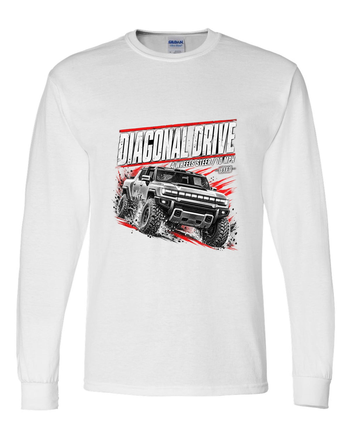 GMC Hummer EV pickup moving diagonally in a race poster design white long sleeve front view with the design