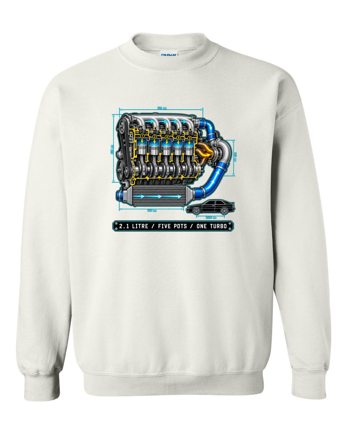 Technical blueprint print of an Audi Ur-Quattro Type 85 with five pots text white crewneck front view with the design