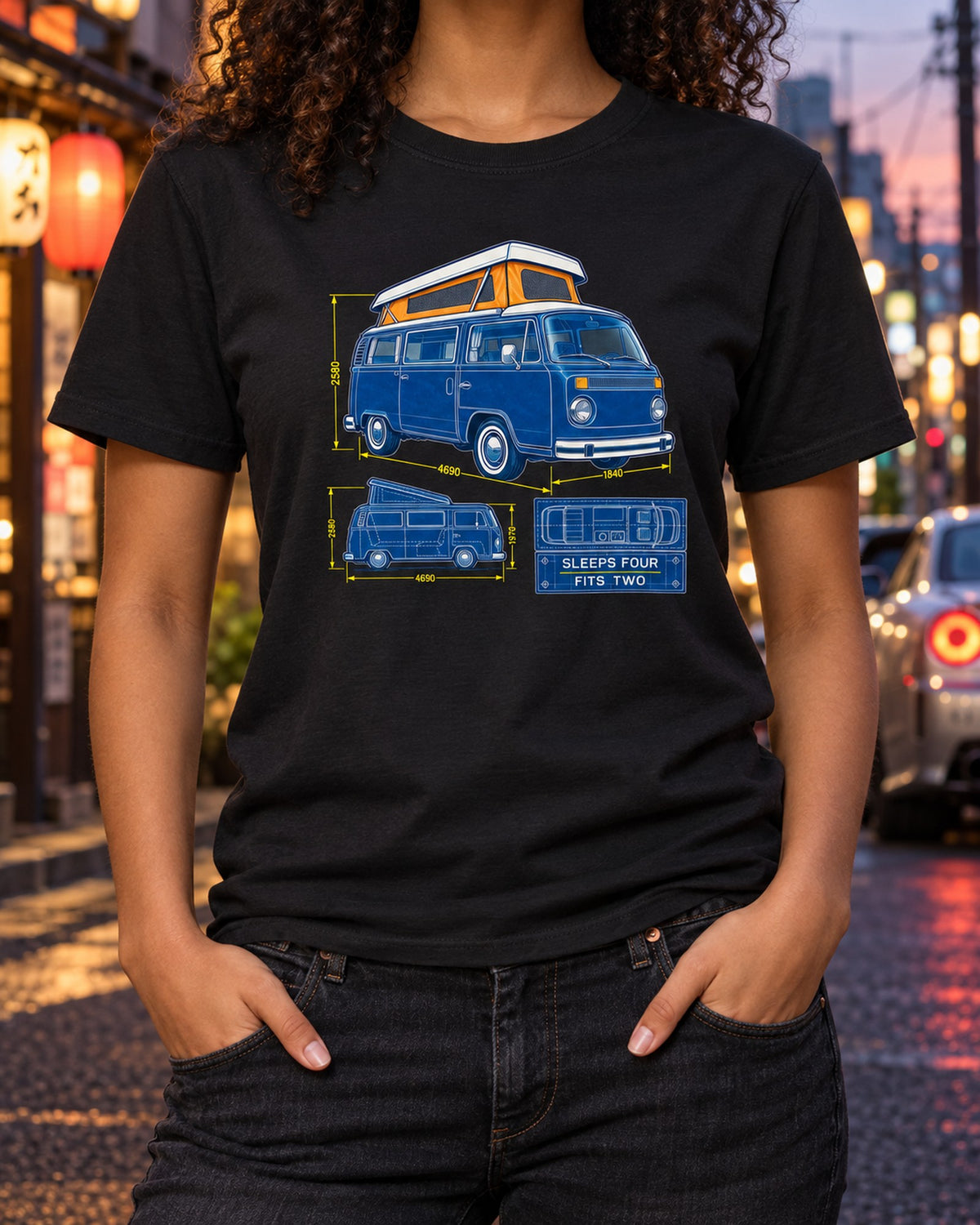 Bay Window T2 Camper Cyanotype Blueprint Shirt, Sleeps Four T-Shirt Black worn hero