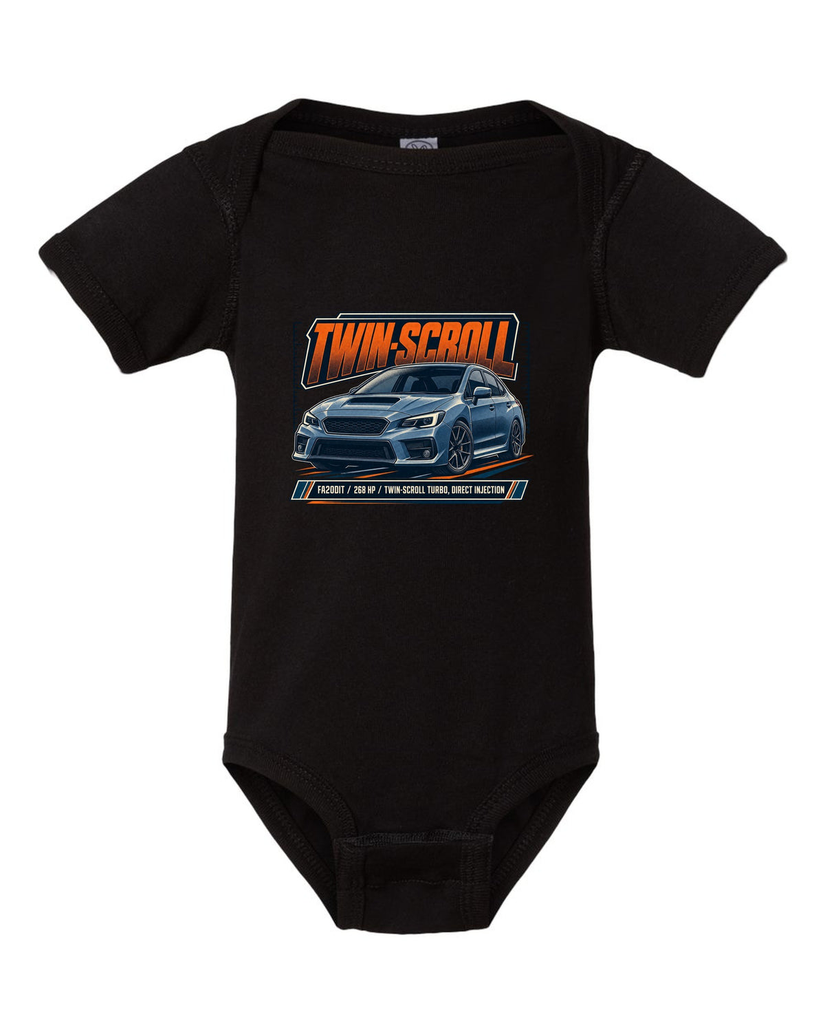 Subaru WRX VA sedan front three-quarter halftone design black baby onesie front view with the design