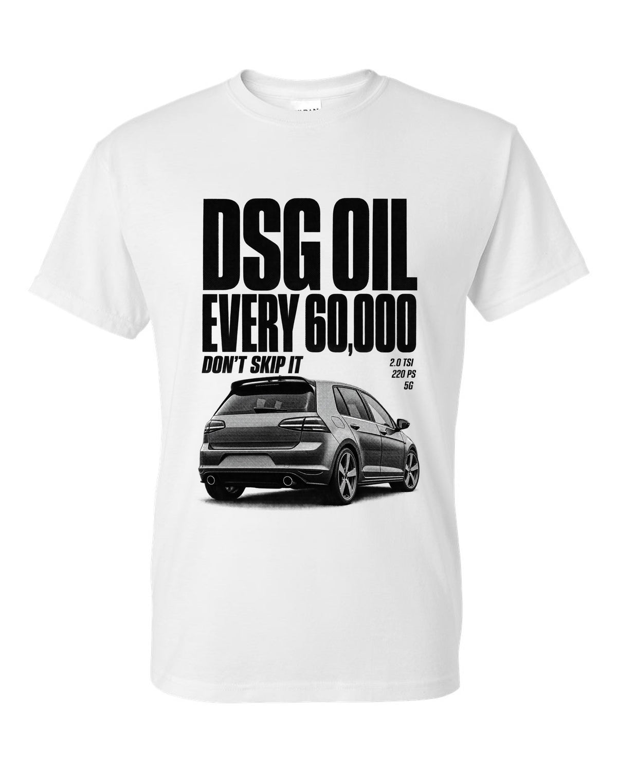 Halftone print of a VW Golf Mk7 GTI rear three-quarter with DSG oil service reminder text white t-shirt front view with the design