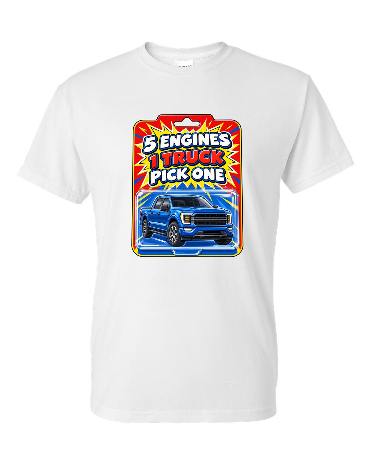 Toy card style print of a 2021 Ford F-150 P702 with five engines one truck text white t-shirt front view with the design