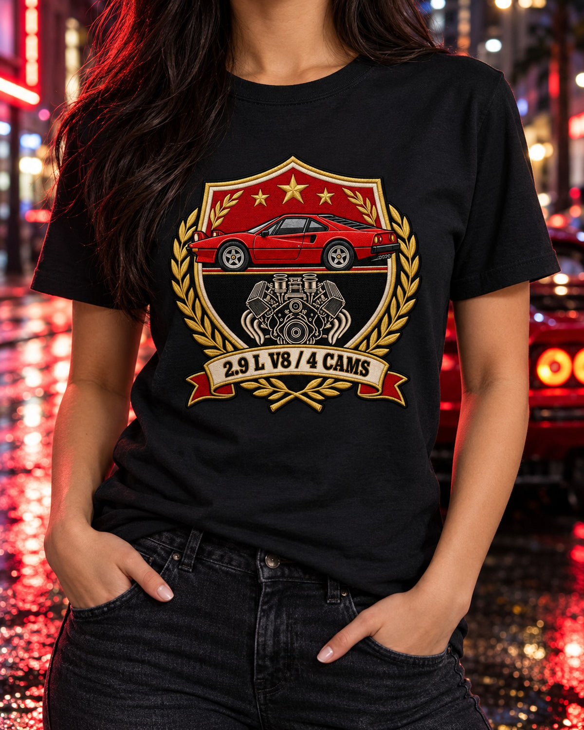 Ferrari 308 GTB 2.9 L V8 Four Cams Varsity Crest Shirt T-Shirt Black worn hero