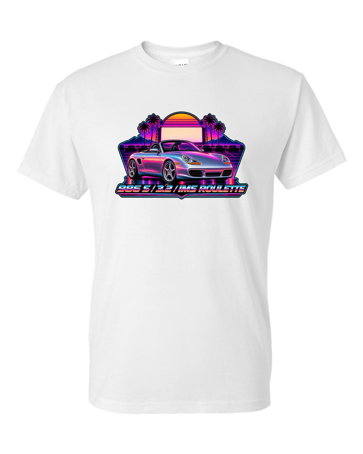 Porsche 986 Boxster S synthwave outrun design with IMS roulette lettering white t-shirt front view with the design