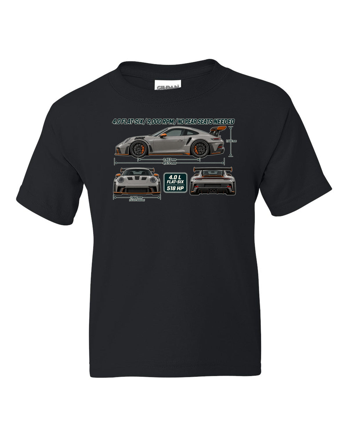 Three-view drawing and spec table of a Porsche 911 GT3 RS 992 in warm grey black kids tee front view with the design