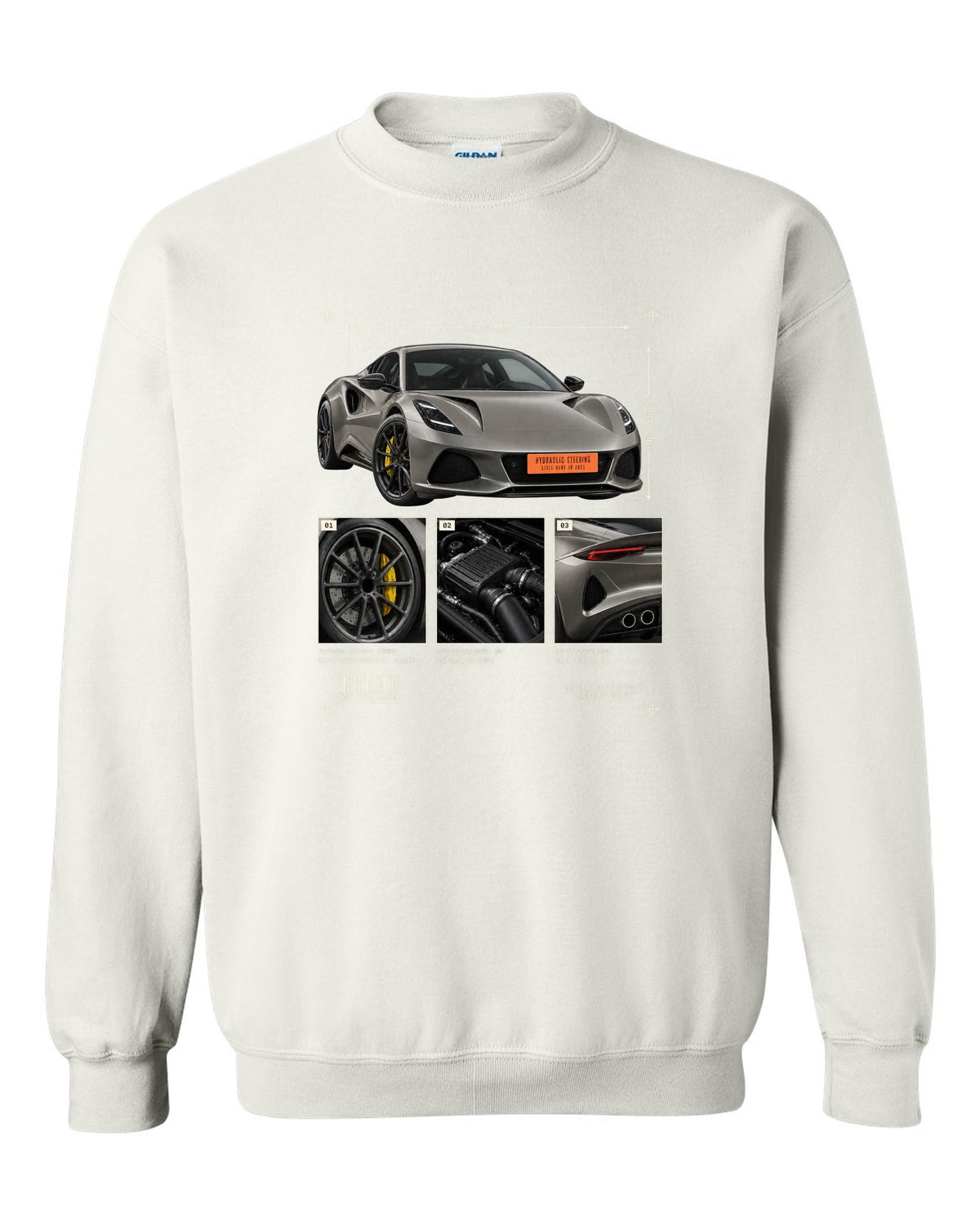 Lotus Emira V6 2021 hero view with three detail panels print with hydraulic steering text white crewneck front view with the design