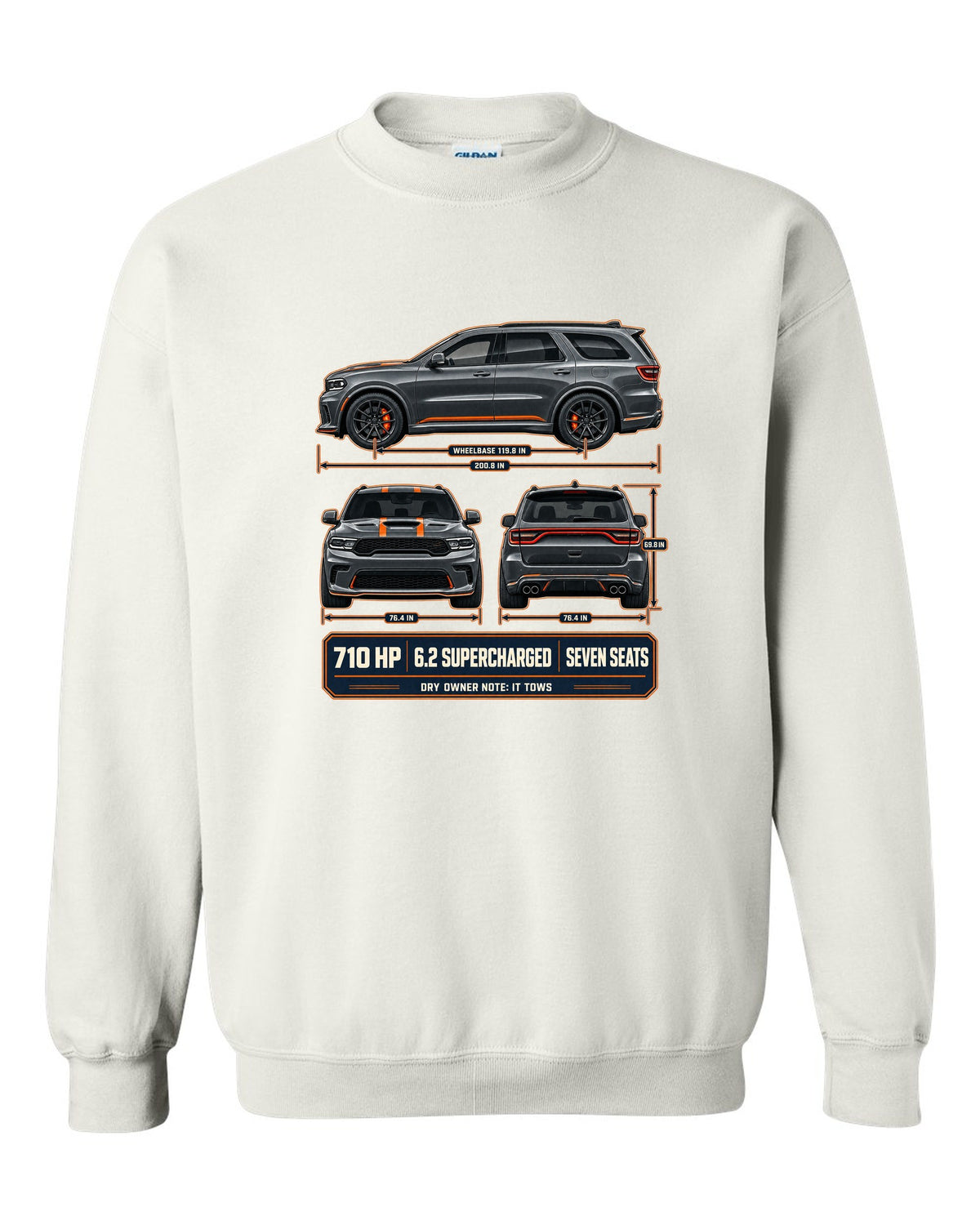 Dodge Durango SRT Hellcat 2021 three-view drawing with spec table print white crewneck front view with the design