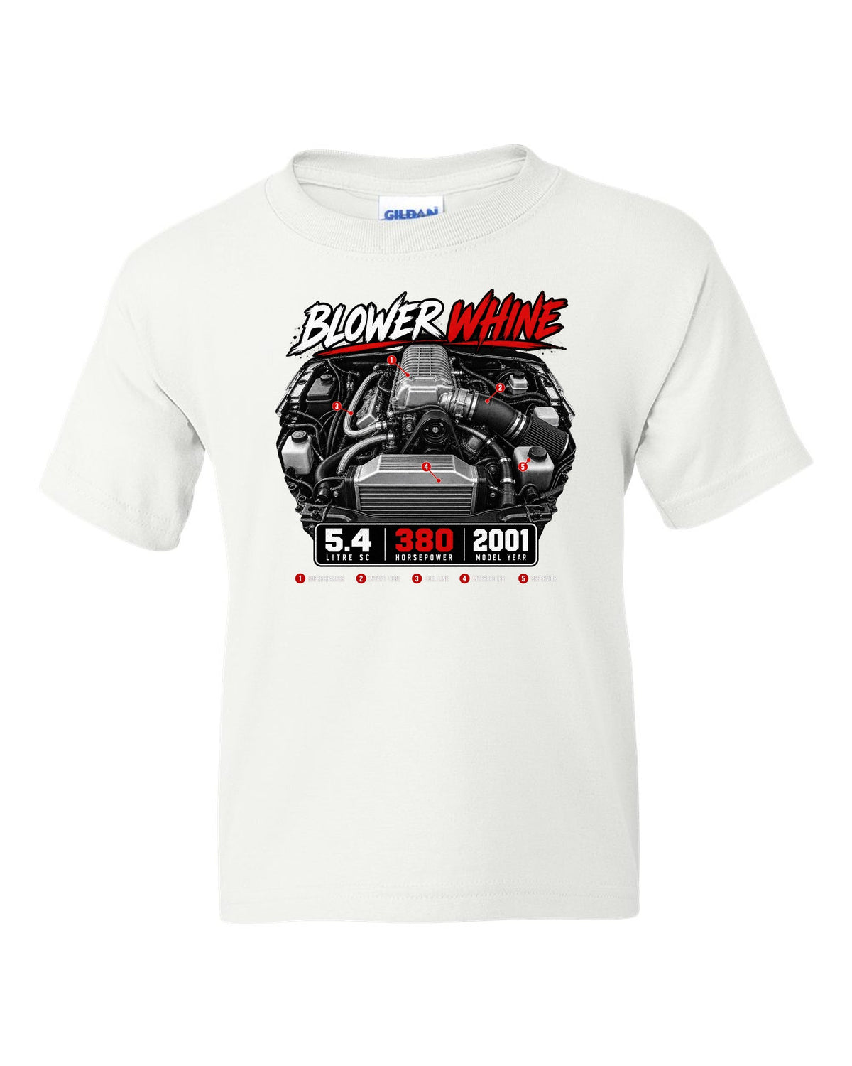 Ford F-150 SVT Lightning 1999-2004 engine hero print with blower whine and 5.4 SC white kids tee front view with the design