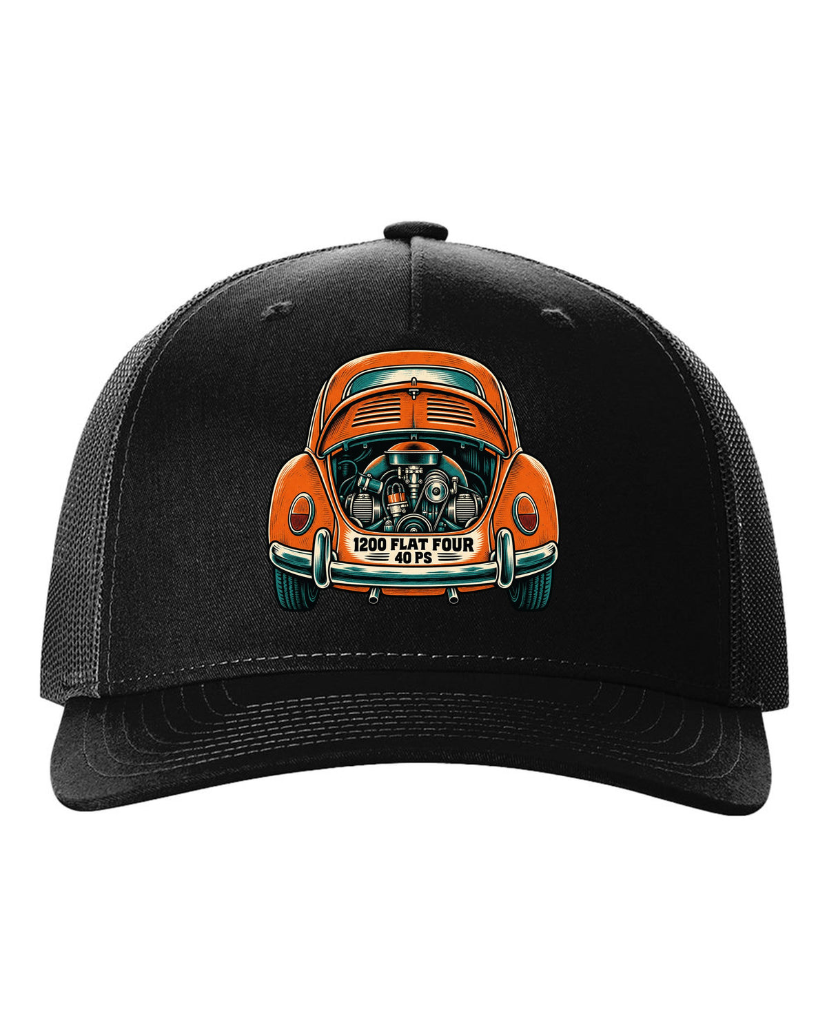 Linocut woodcut style VW Beetle Type 1 with 1200 flat four and 40 PS lettering black hat front view with the design