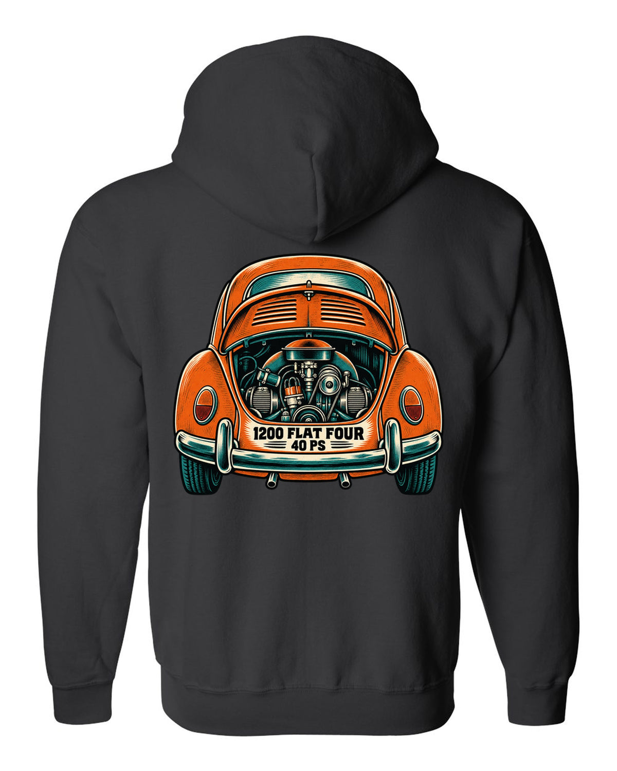 Linocut woodcut style VW Beetle Type 1 with 1200 flat four and 40 PS lettering black zip hoodie back view with the design
