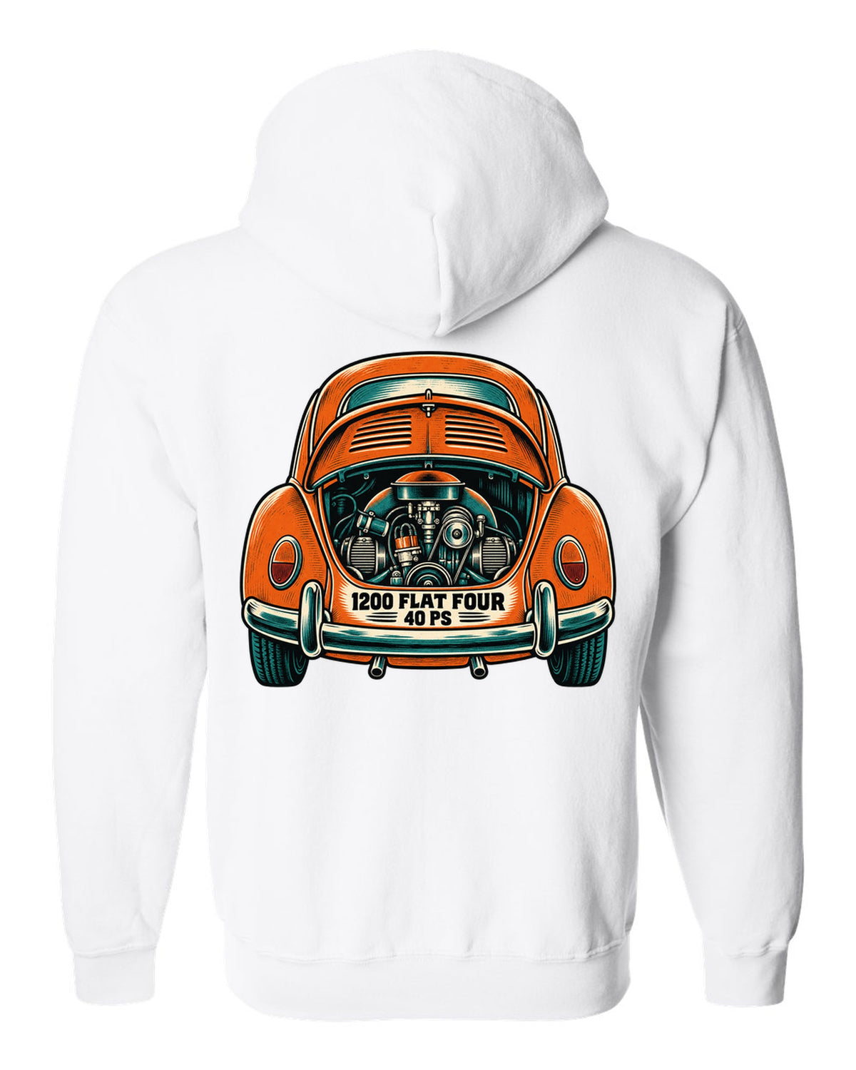 Linocut woodcut style VW Beetle Type 1 with 1200 flat four and 40 PS lettering white zip hoodie back view with the design