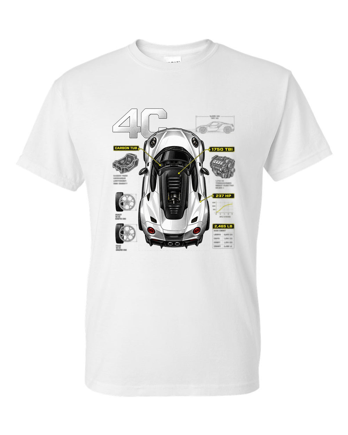 Overhead spec poster print of an Alfa Romeo 4C with carbon tub and 237 HP text white t-shirt front view with the design
