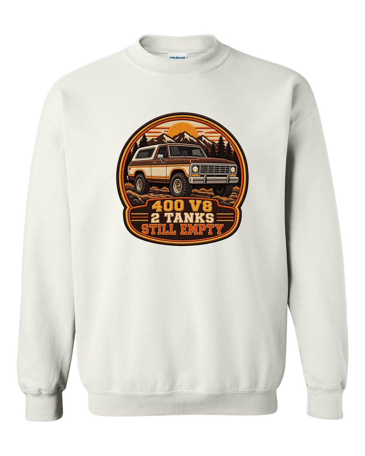 Varsity crest print for a 1978-79 full-size Ford Bronco with 400 V8 and two tanks text white crewneck front view with the design