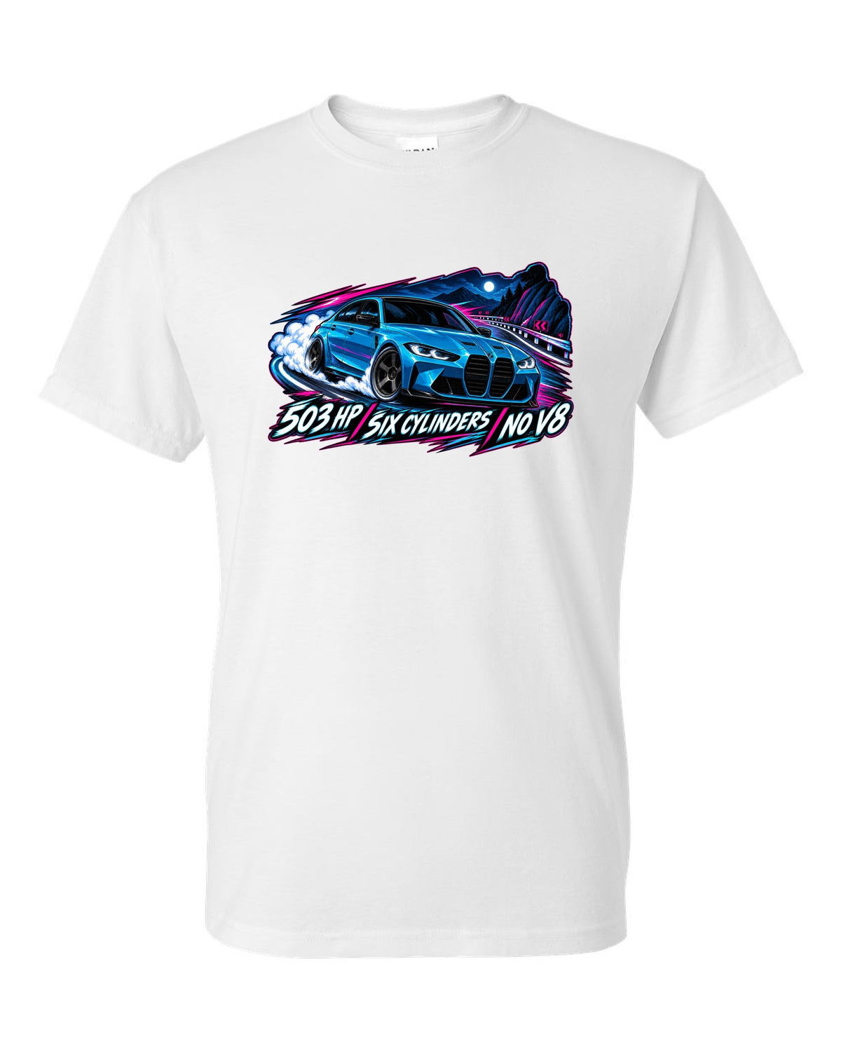 BMW G80 M3 Competition cel-shaded anime night touge print with 503 HP text white t-shirt front view with the design