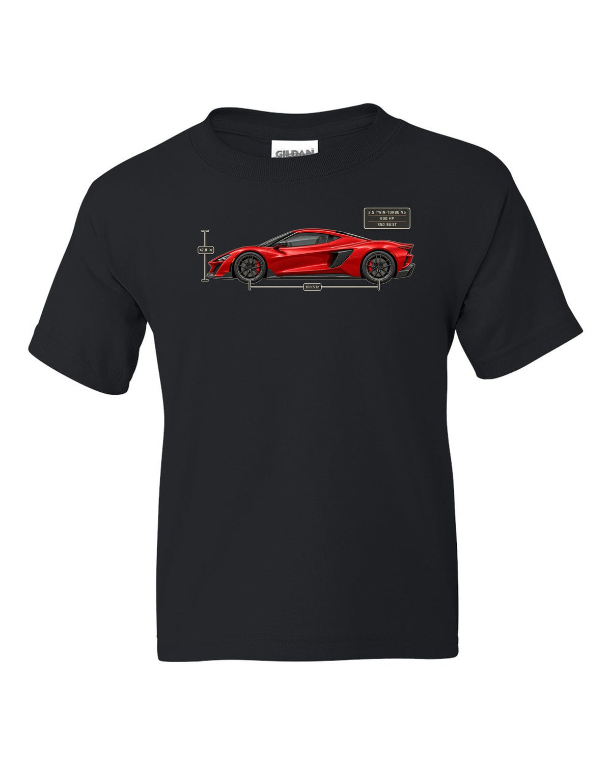 Acura NSX NC1 Type S Side Dimension Blueprint Tee, Car Gift black kids tee front view with the design