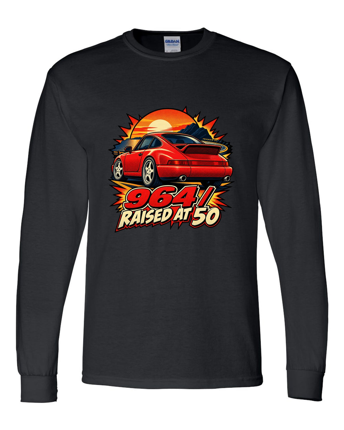 Comic dot-ink illustration of a Porsche 911 Carrera 964 with its spoiler raised black long sleeve front view with the design