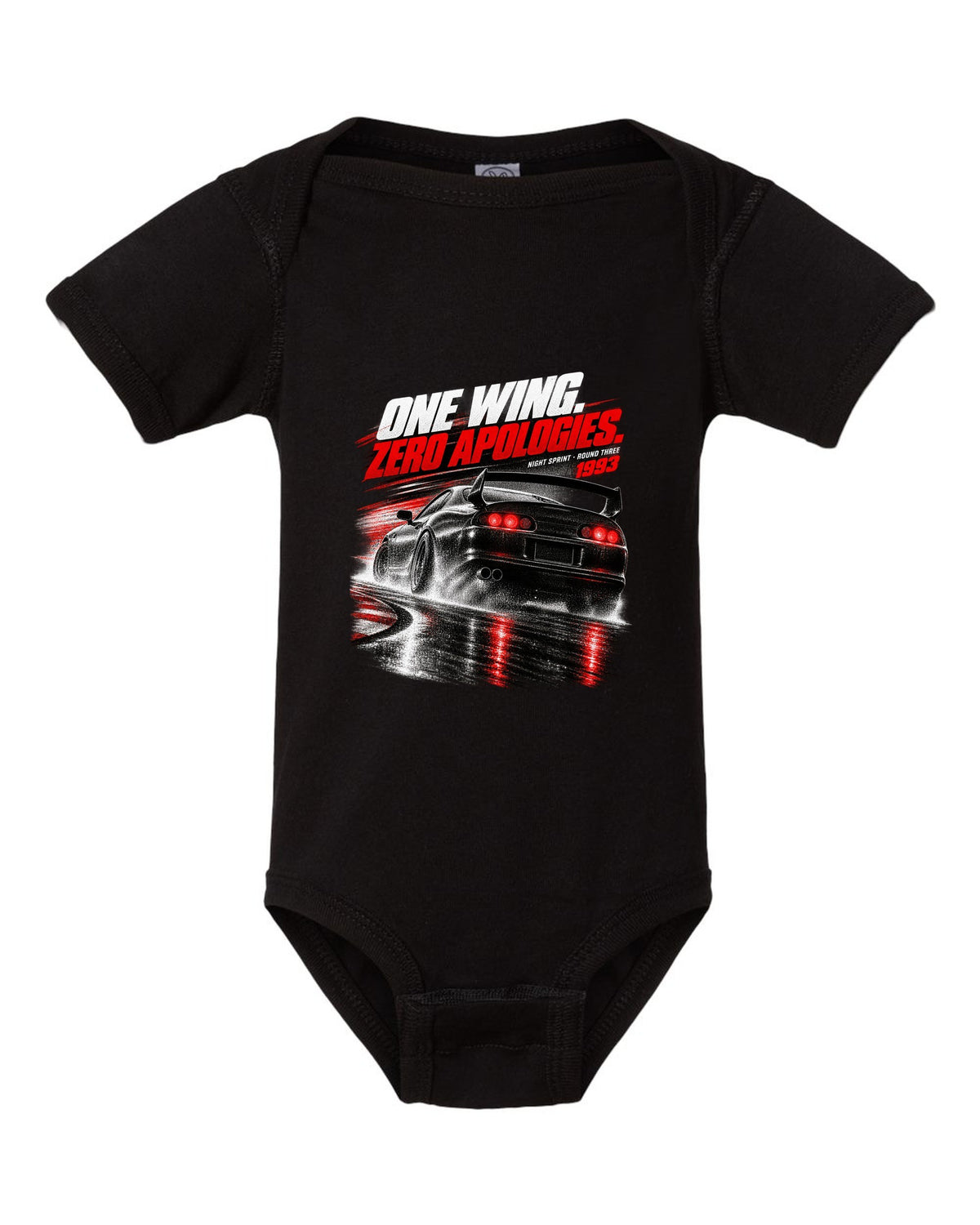 Race poster print of a Toyota Supra A80 JZA80 rear with the text One Wing Zero Apologies Round Three black baby onesie front view with the design