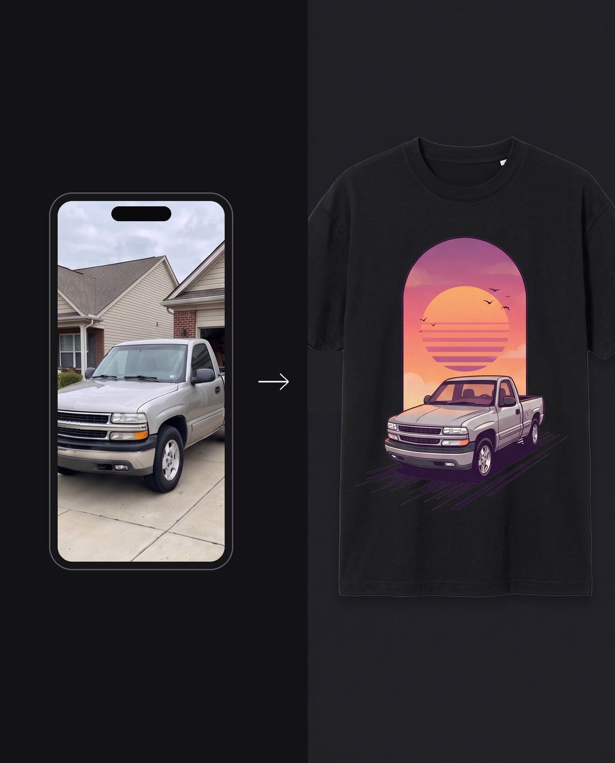A customer's phone photo of their pickup turned into tall custom tee artwork