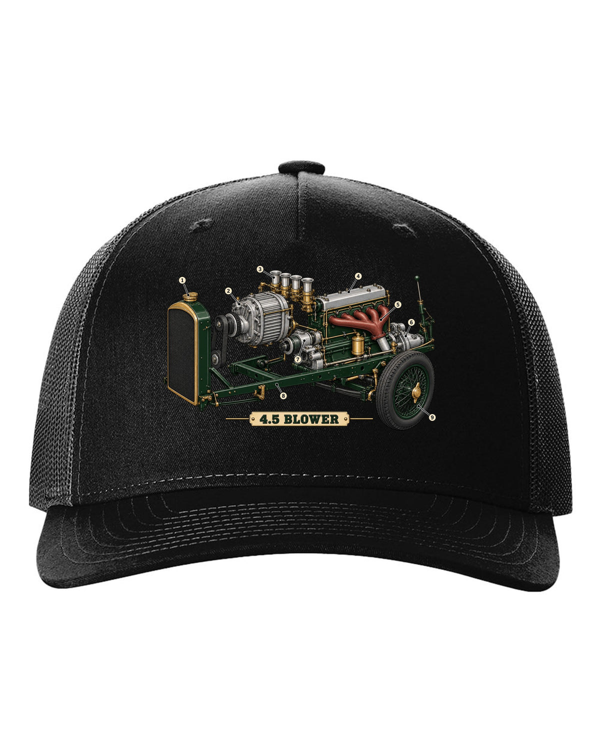 Exploded view diagram of the 1929 Bentley 4.5 Litre Blower supercharged engine with 4.5 BLOWER lettering black hat front view with the design