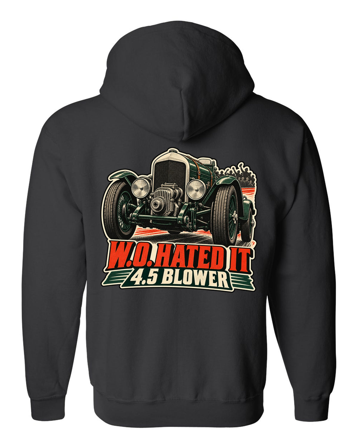Vintage race poster style print of the 1929 Bentley 4.5 Litre Blower with W.O. lettering black zip hoodie back view with the design