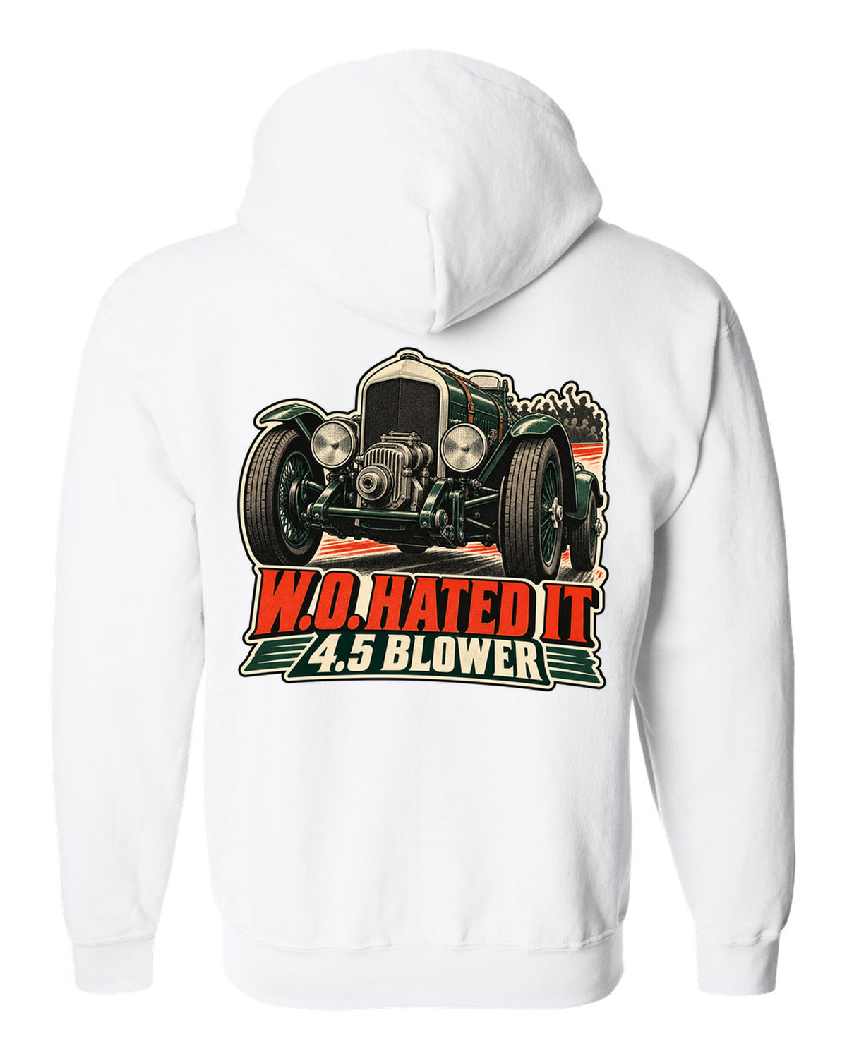 Vintage race poster style print of the 1929 Bentley 4.5 Litre Blower with W.O. lettering white zip hoodie back view with the design