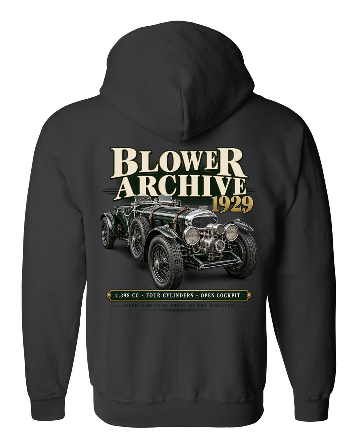 Bentley Blower 1929 archive panel with supercharger detail black zip hoodie back view with the design