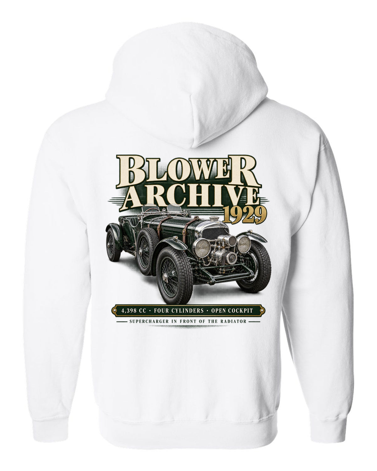 Bentley Blower 1929 archive panel with supercharger detail white zip hoodie back view with the design