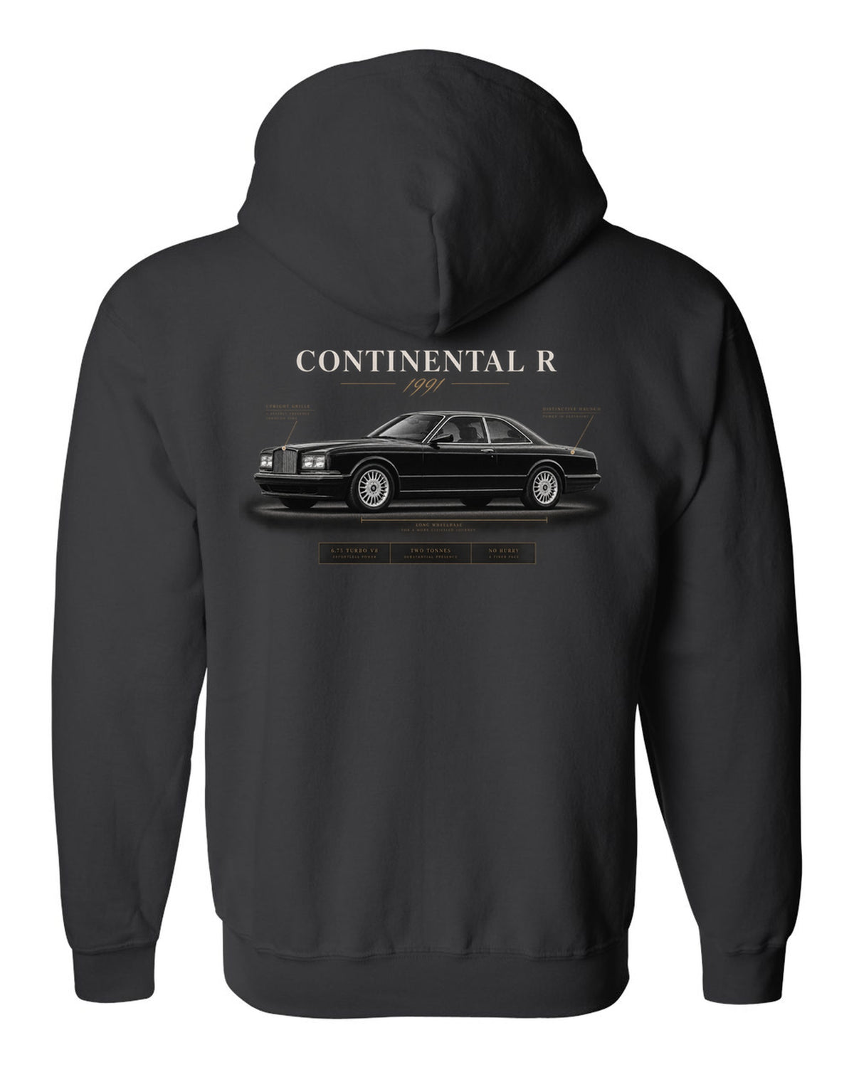 Bentley Continental R 1991 spec poster with 6.75 turbo V8 black zip hoodie back view with the design
