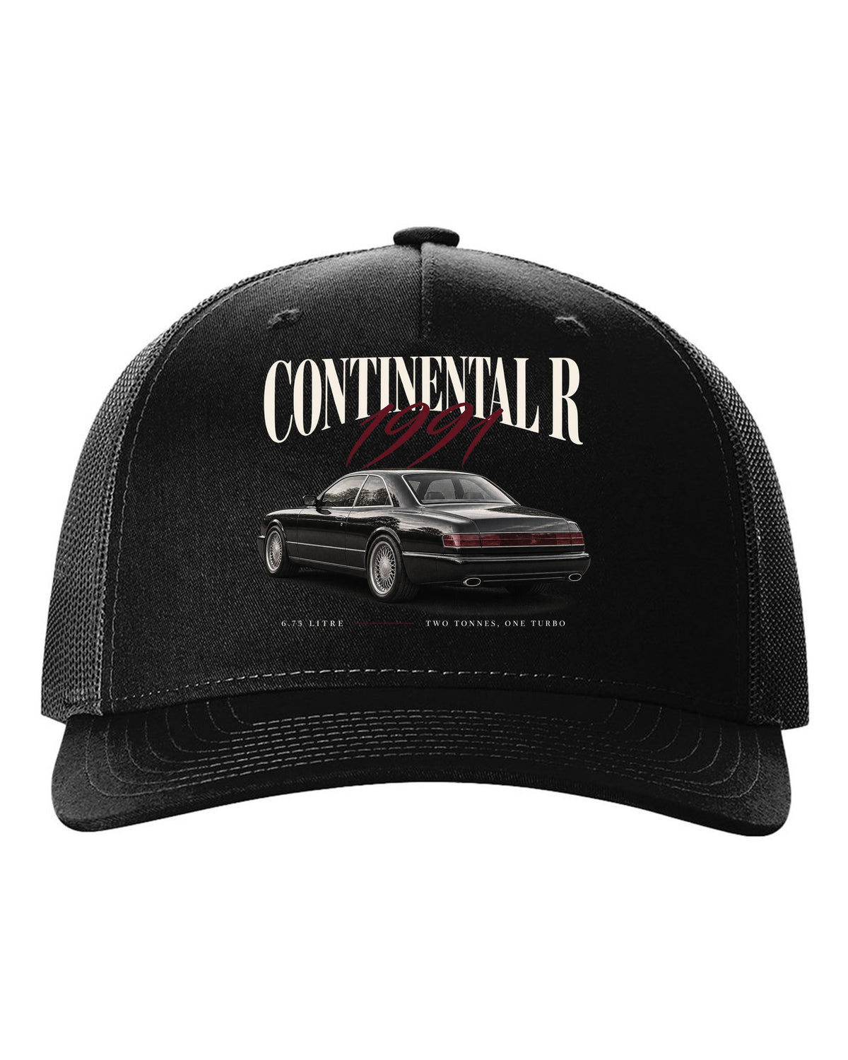 Bentley Continental R editorial headline print black hat front view with the design