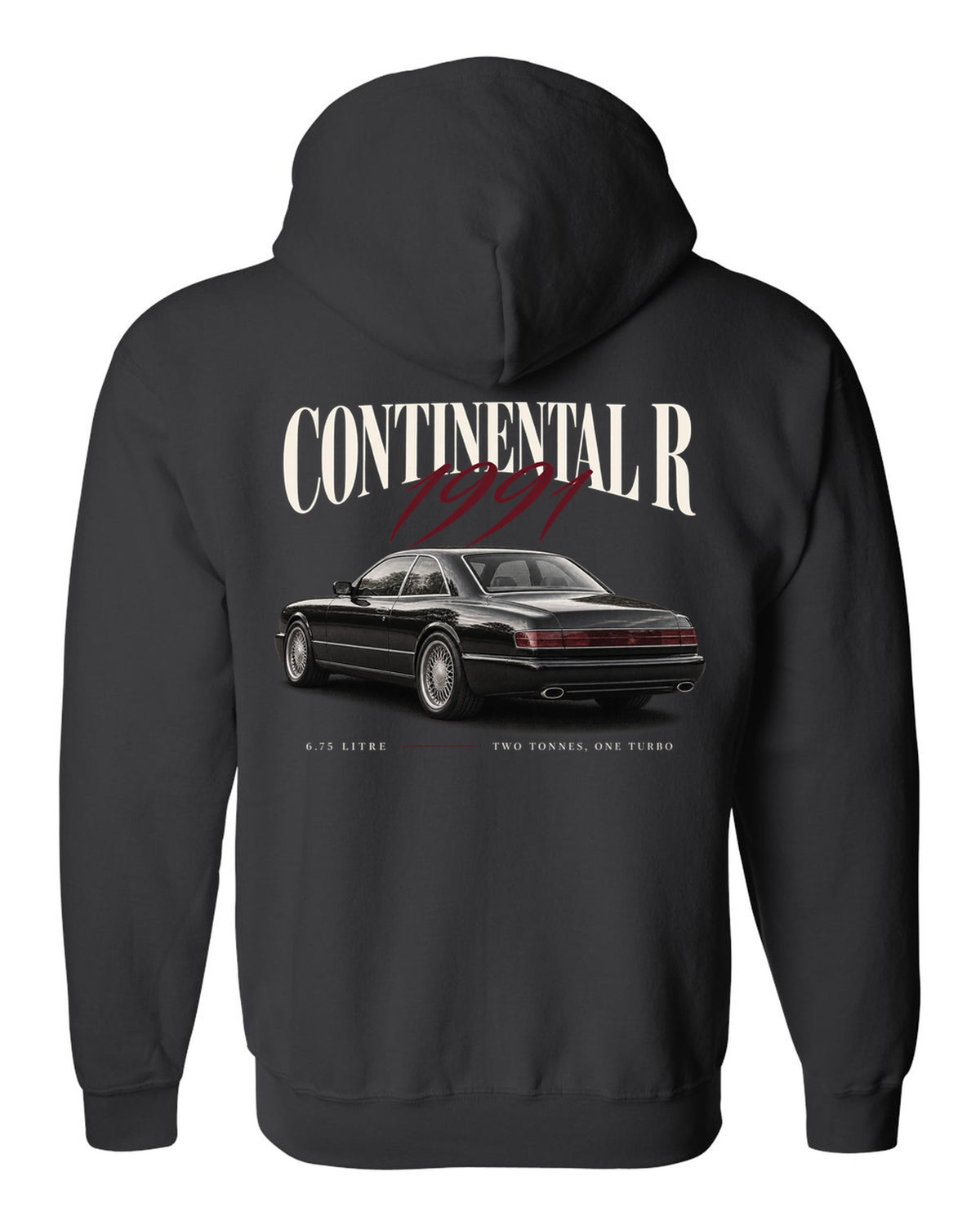 Bentley Continental R editorial headline print black zip hoodie back view with the design
