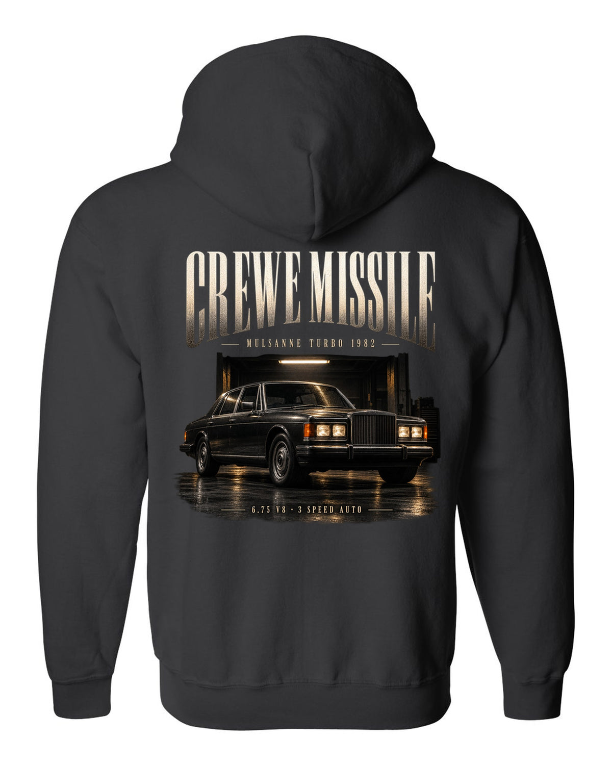 Bentley Mulsanne Turbo 1982 in a garage at night black zip hoodie back view with the design