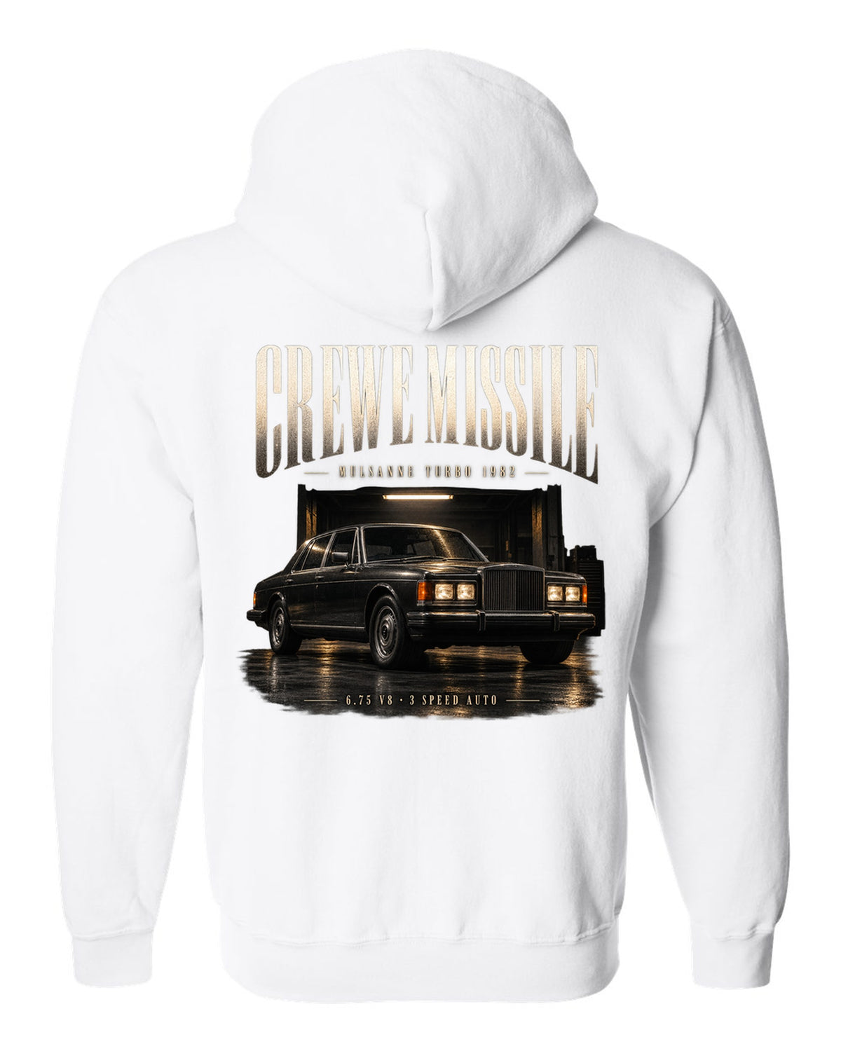 Bentley Mulsanne Turbo 1982 in a garage at night white zip hoodie back view with the design