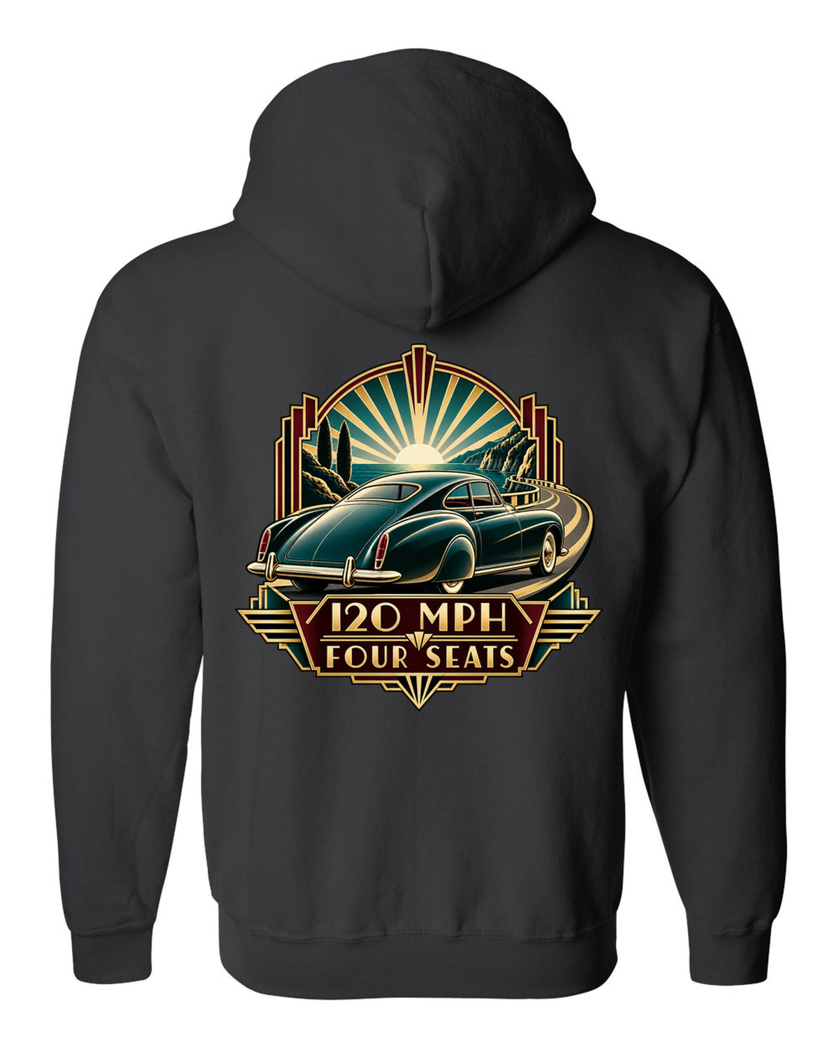 Synthwave outrun print of a 1982 Bentley Mulsanne Turbo with 120 mph and four seats lettering black zip hoodie back view with the design