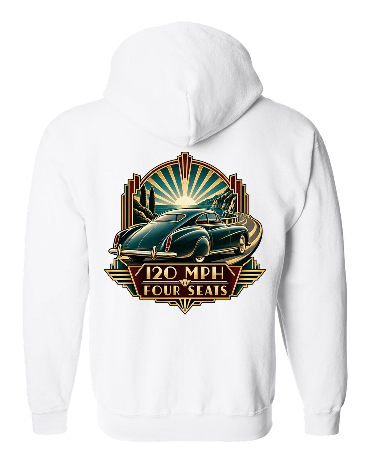 Synthwave outrun print of a 1982 Bentley Mulsanne Turbo with 120 mph and four seats lettering white zip hoodie back view with the design