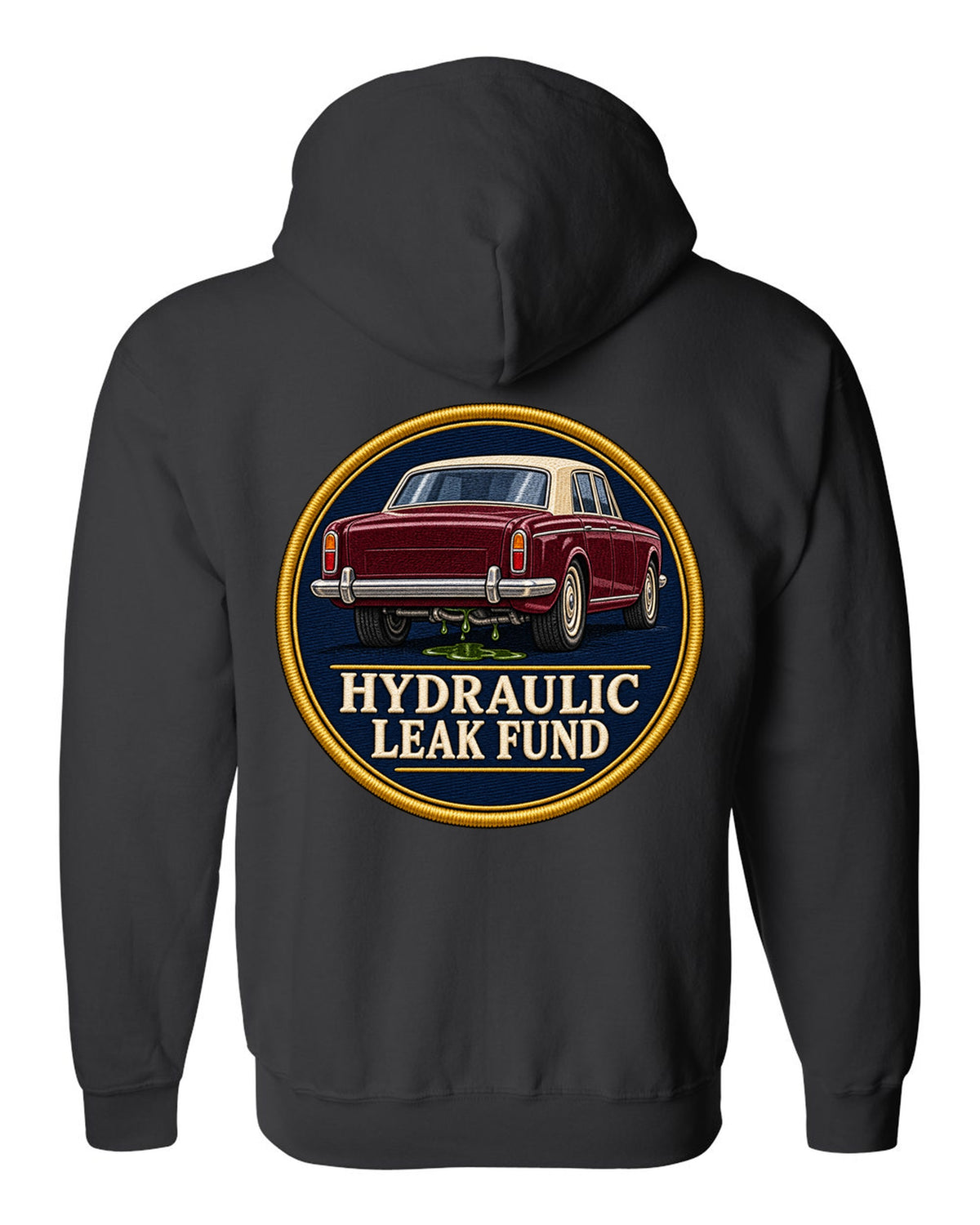 Art Deco line drawing print of a 1952 Bentley R-Type Continental with leak fund lettering black zip hoodie back view with the design