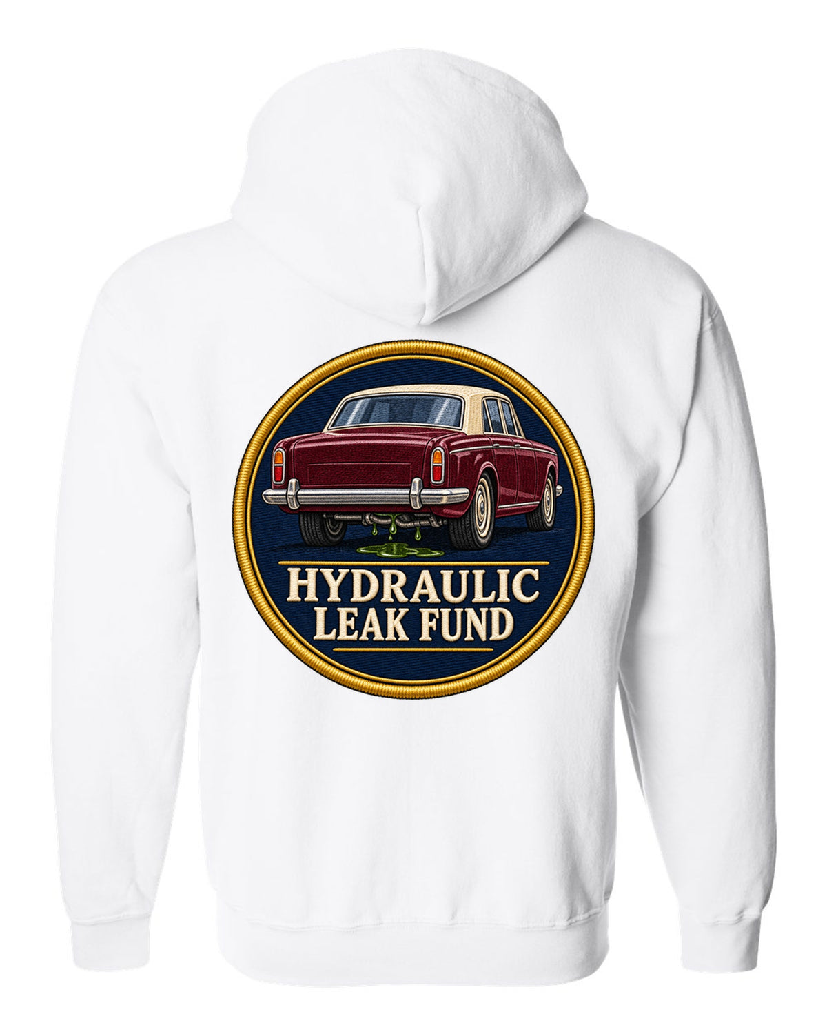 Art Deco line drawing print of a 1952 Bentley R-Type Continental with leak fund lettering white zip hoodie back view with the design