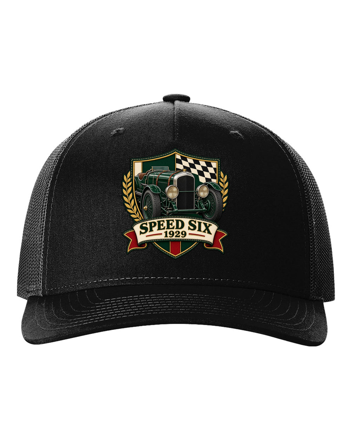 Varsity-style embroidered crest design for the 1929 Bentley Speed Six with SPEED SIX lettering black hat front view with the design