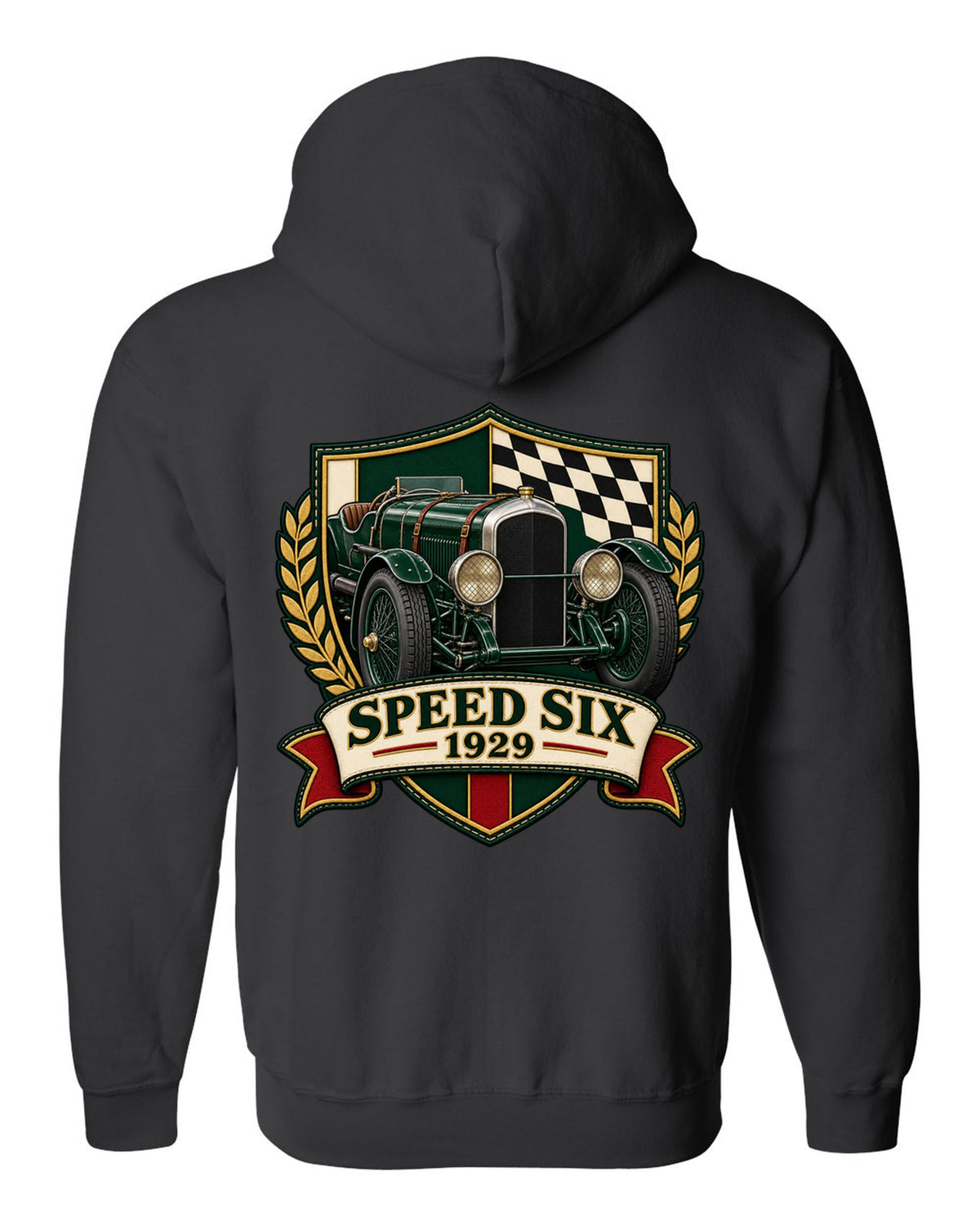 Varsity-style embroidered crest design for the 1929 Bentley Speed Six with SPEED SIX lettering black zip hoodie back view with the design