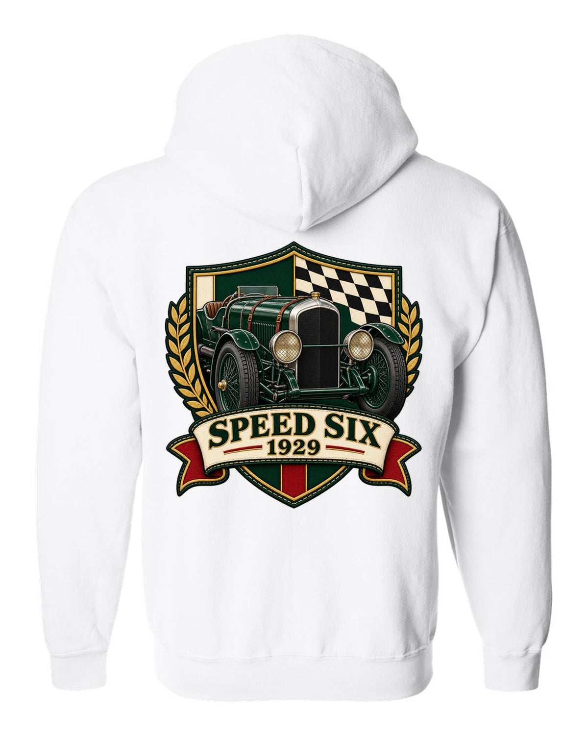 Varsity-style embroidered crest design for the 1929 Bentley Speed Six with SPEED SIX lettering white zip hoodie back view with the design