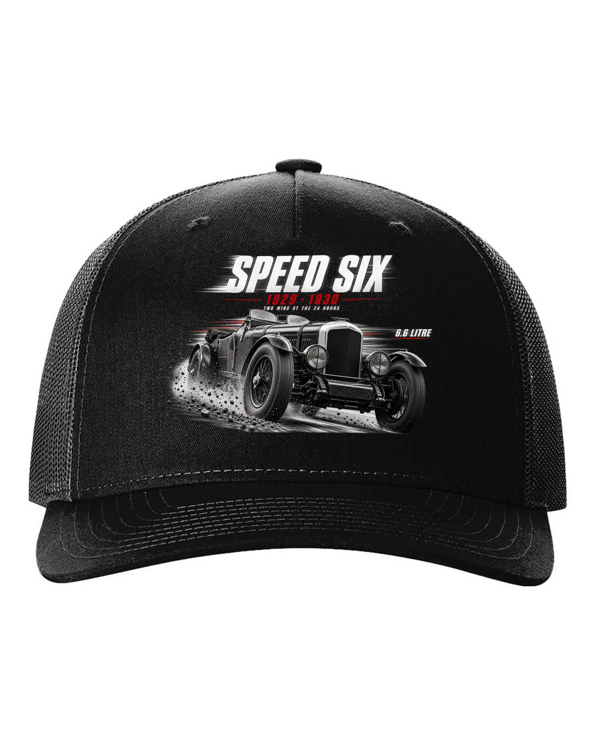 Bentley Speed Six Le Mans race poster 1929 and 1930 black hat front view with the design
