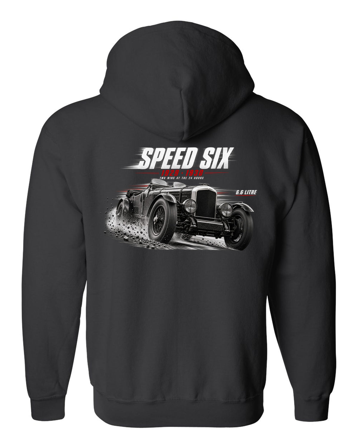 Bentley Speed Six Le Mans race poster 1929 and 1930 black zip hoodie back view with the design