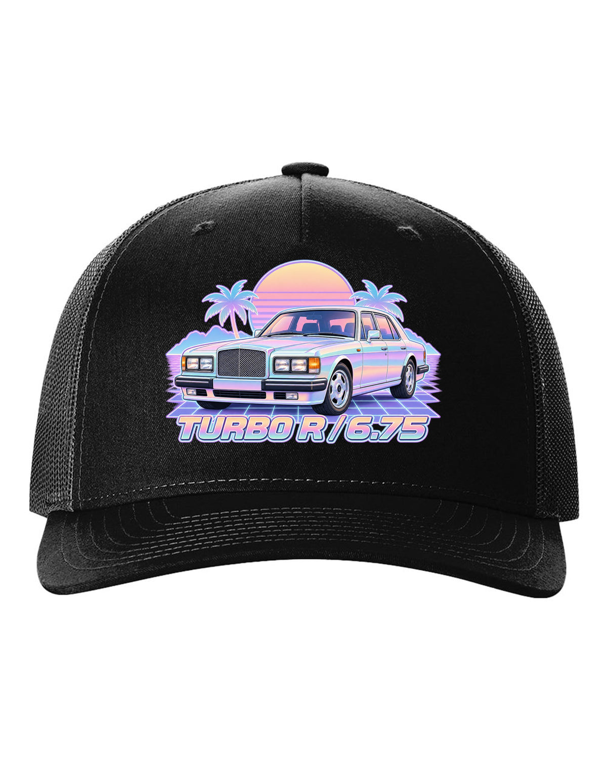 Pastel vaporwave illustration of a Bentley Turbo R front grille with TURBO R 6.75 lettering black hat front view with the design