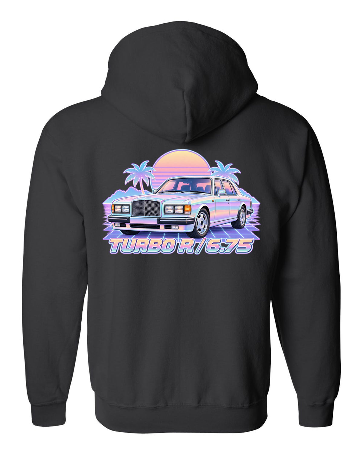 Pastel vaporwave illustration of a Bentley Turbo R front grille with TURBO R 6.75 lettering black zip hoodie back view with the design