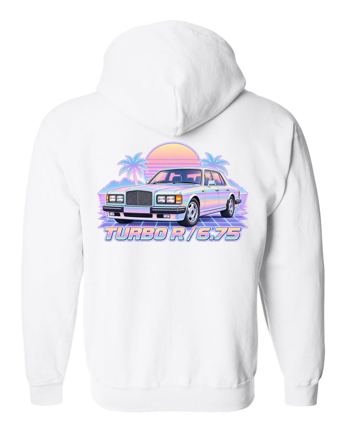 Pastel vaporwave illustration of a Bentley Turbo R front grille with TURBO R 6.75 lettering white zip hoodie back view with the design
