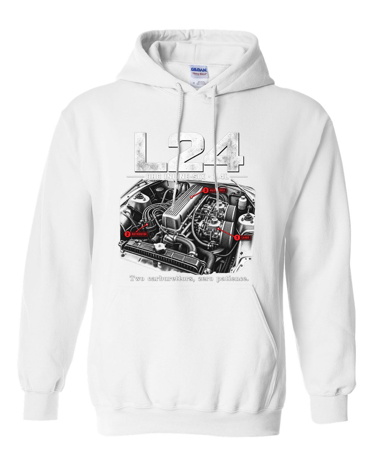 Engine bay print of a Datsun 240Z S30 L24 inline-six with carburettors white pull over hoodie front view with the design