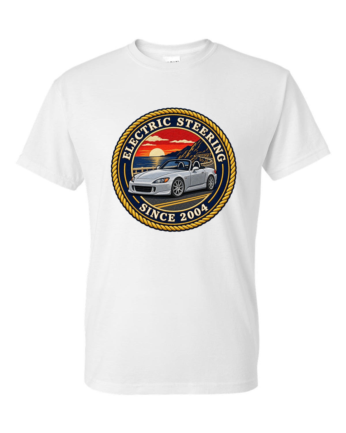 Embroidery-style round crest print of a 2004 Honda S2000 AP2 roadster white t-shirt front view with the design