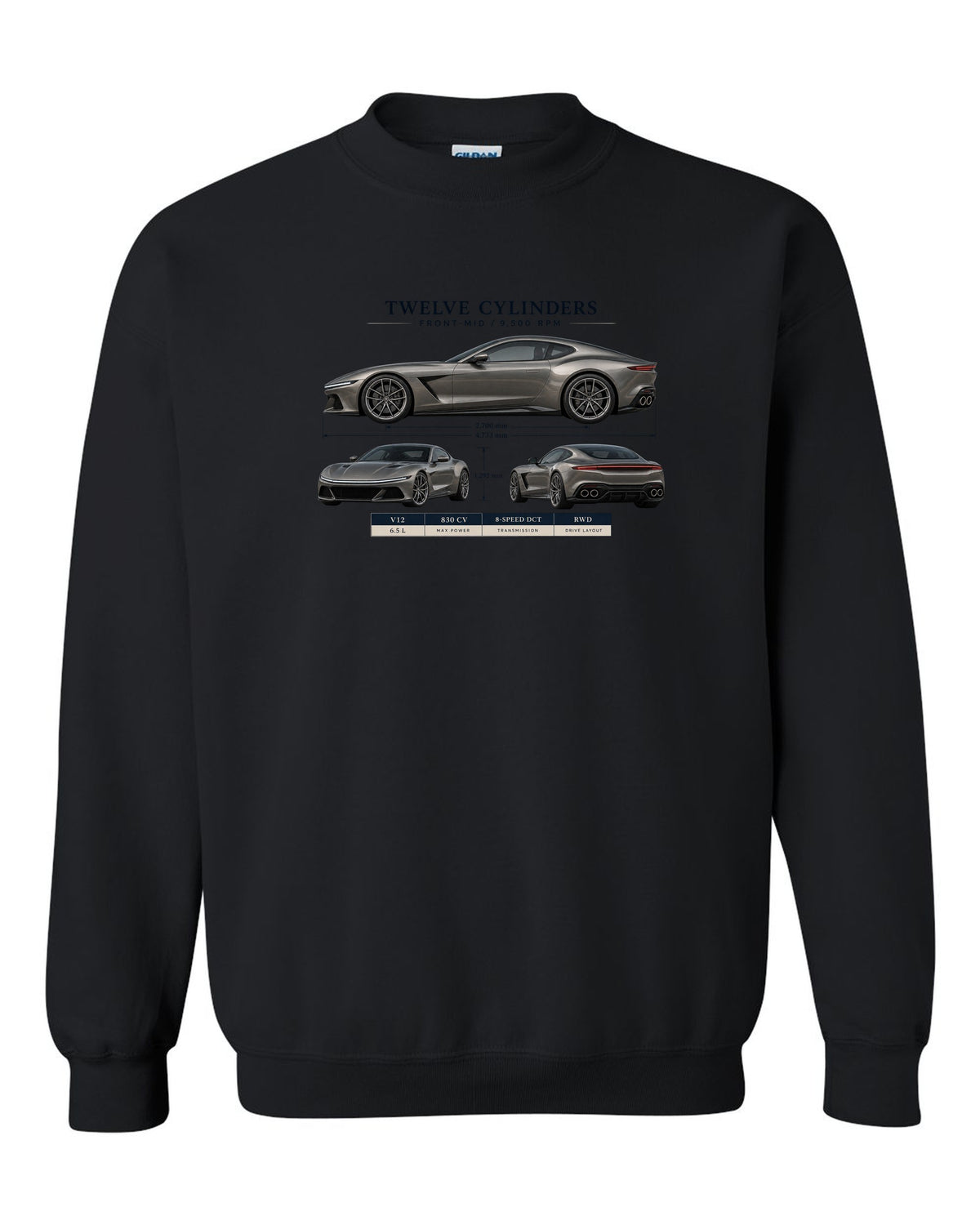 Three-view spec sheet print of the Ferrari 12Cilindri on a tee black crewneck front view with the design