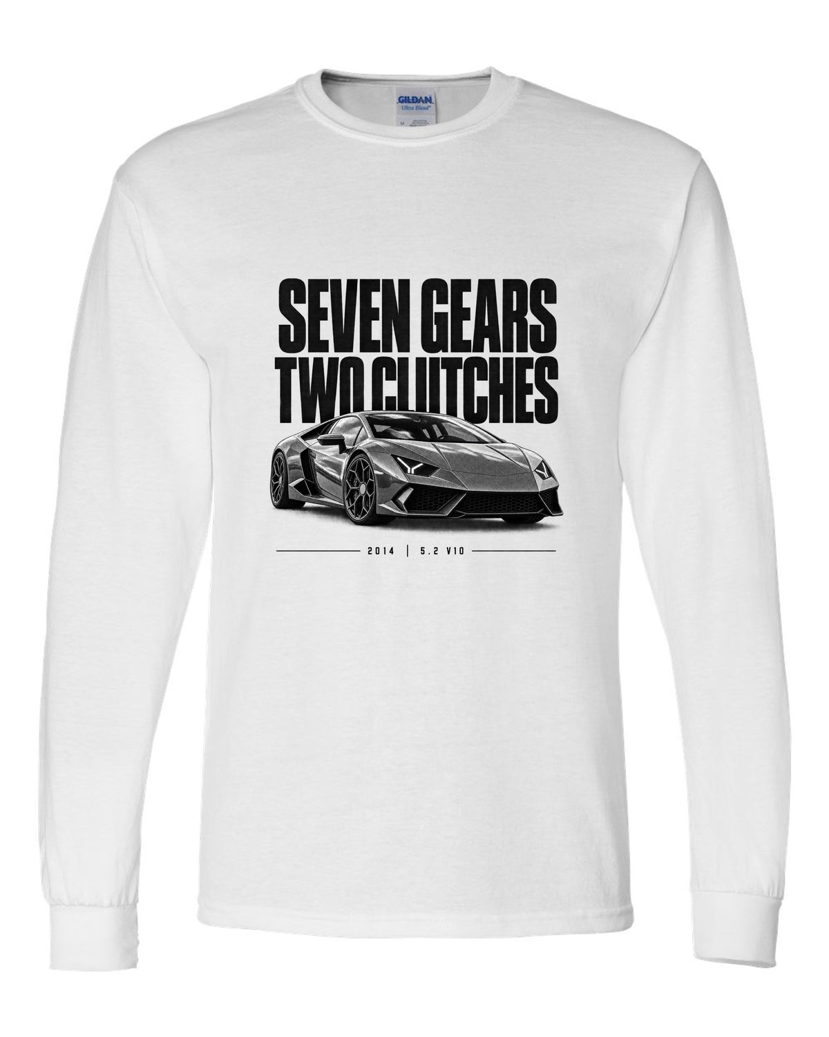 Halftone statement print of a Lamborghini Huracan LP610-4 with Seven Gears, Two Clutches text white long sleeve front view with the design