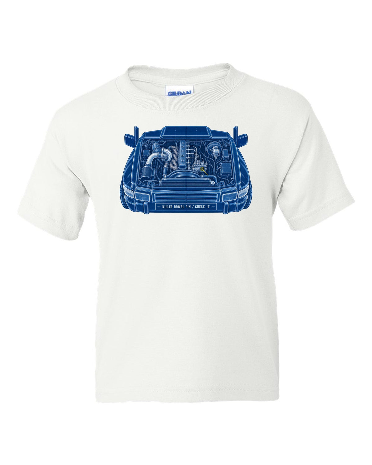 Cyanotype blueprint print of a 1994-1998 Dodge Ram 12V 5.9 Cummins engine bay white kids tee front view with the design
